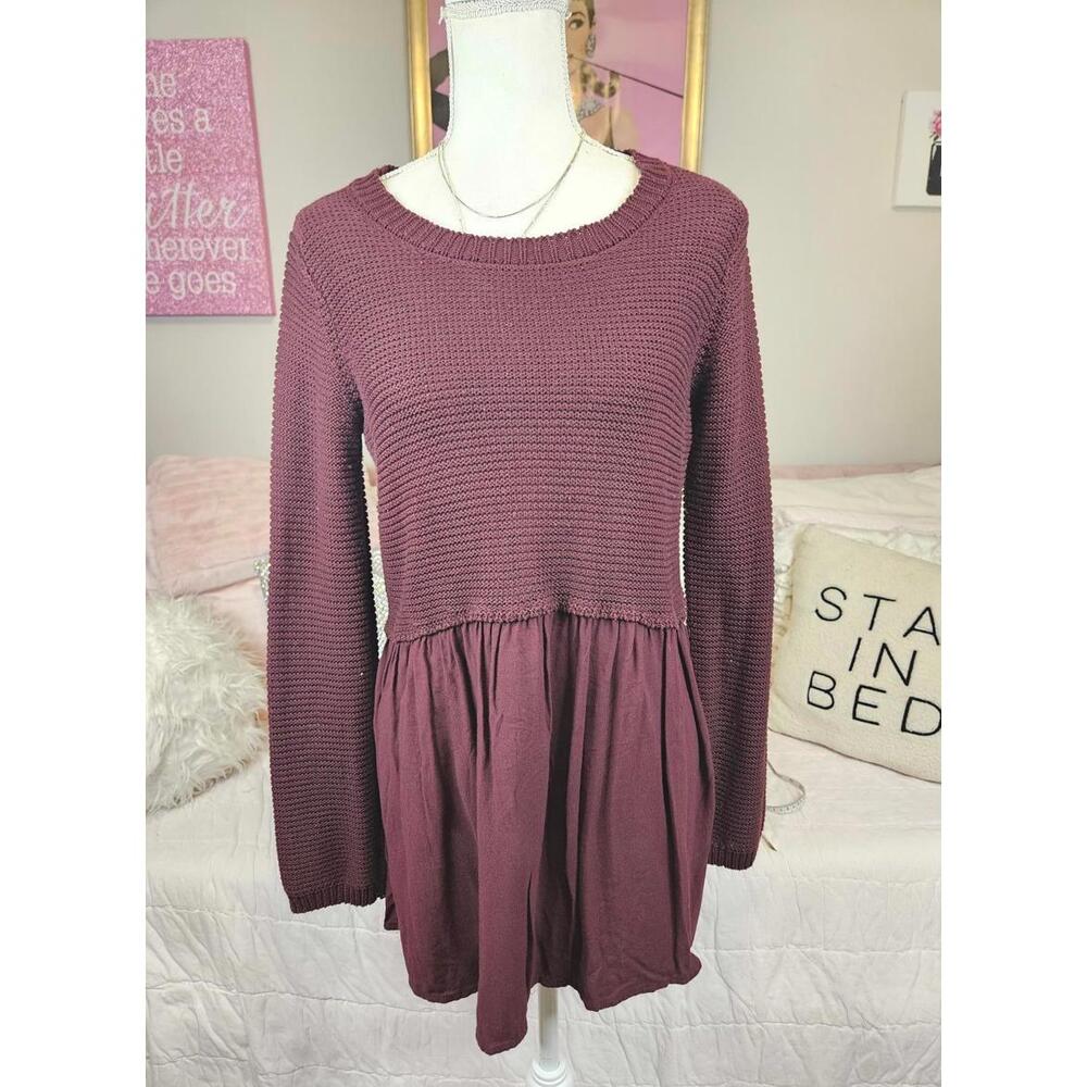 Altar'd State Cozy Knit Top with Flared Skirt - Burgundy